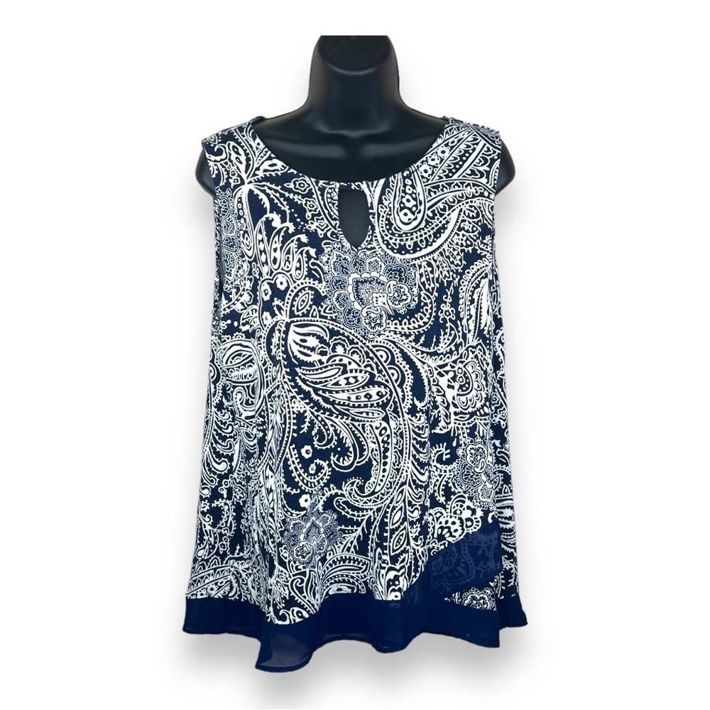 Large Ava James Blue White Boho Sleeveless Top Paisley Keyhole Neckline